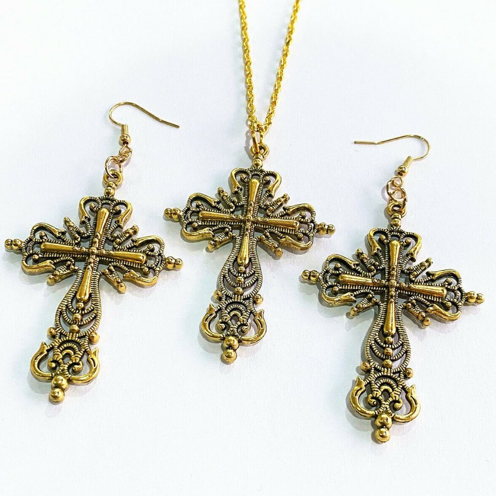 3 Pc Victorian Cross Earring Chain Necklace Set